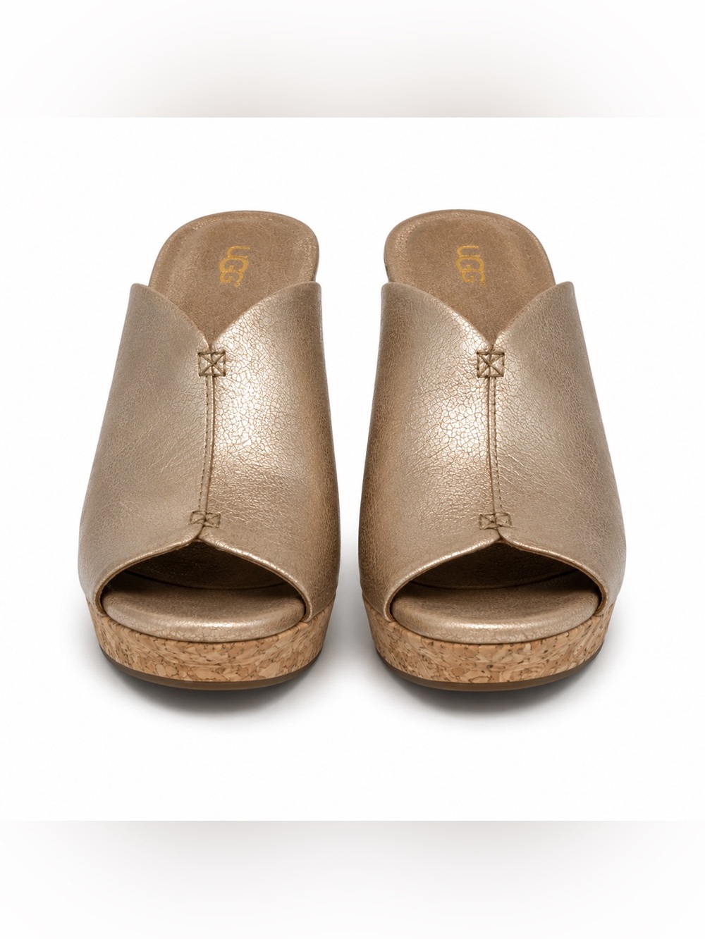 UGG Metallic Gold Open-Toe Cork Wedge Mules SW